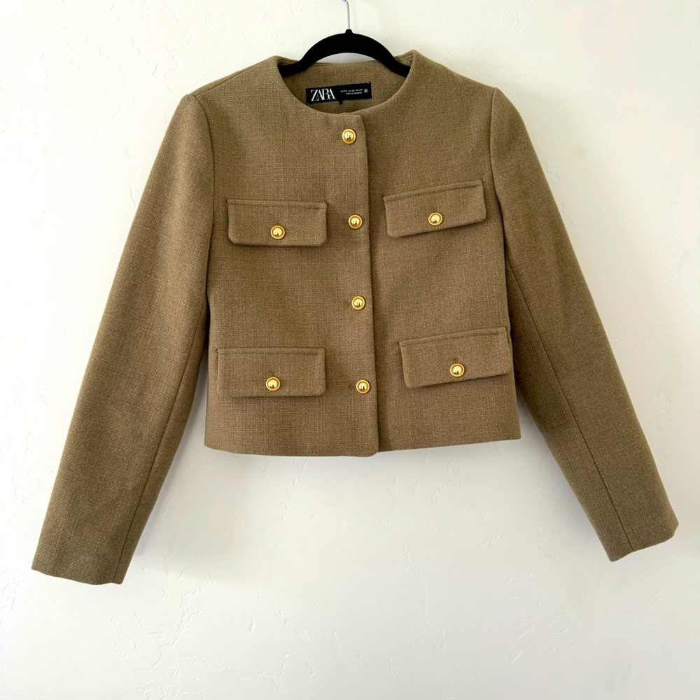 Zara XS Round Collar Lady Jacket Green Gold Buttons Retro